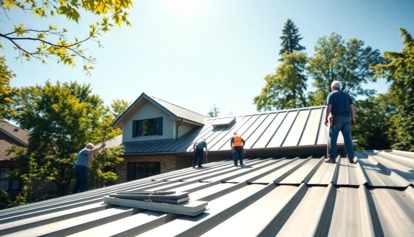 Installers working on metal roofing toronto for a modern suburban home showcasing energy efficiency.