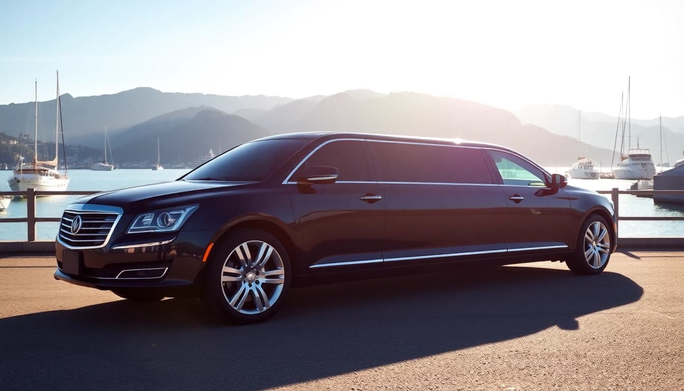 Limo from Seattle to Vancouver, showcasing a luxury black limousine against a beautiful waterfront view.