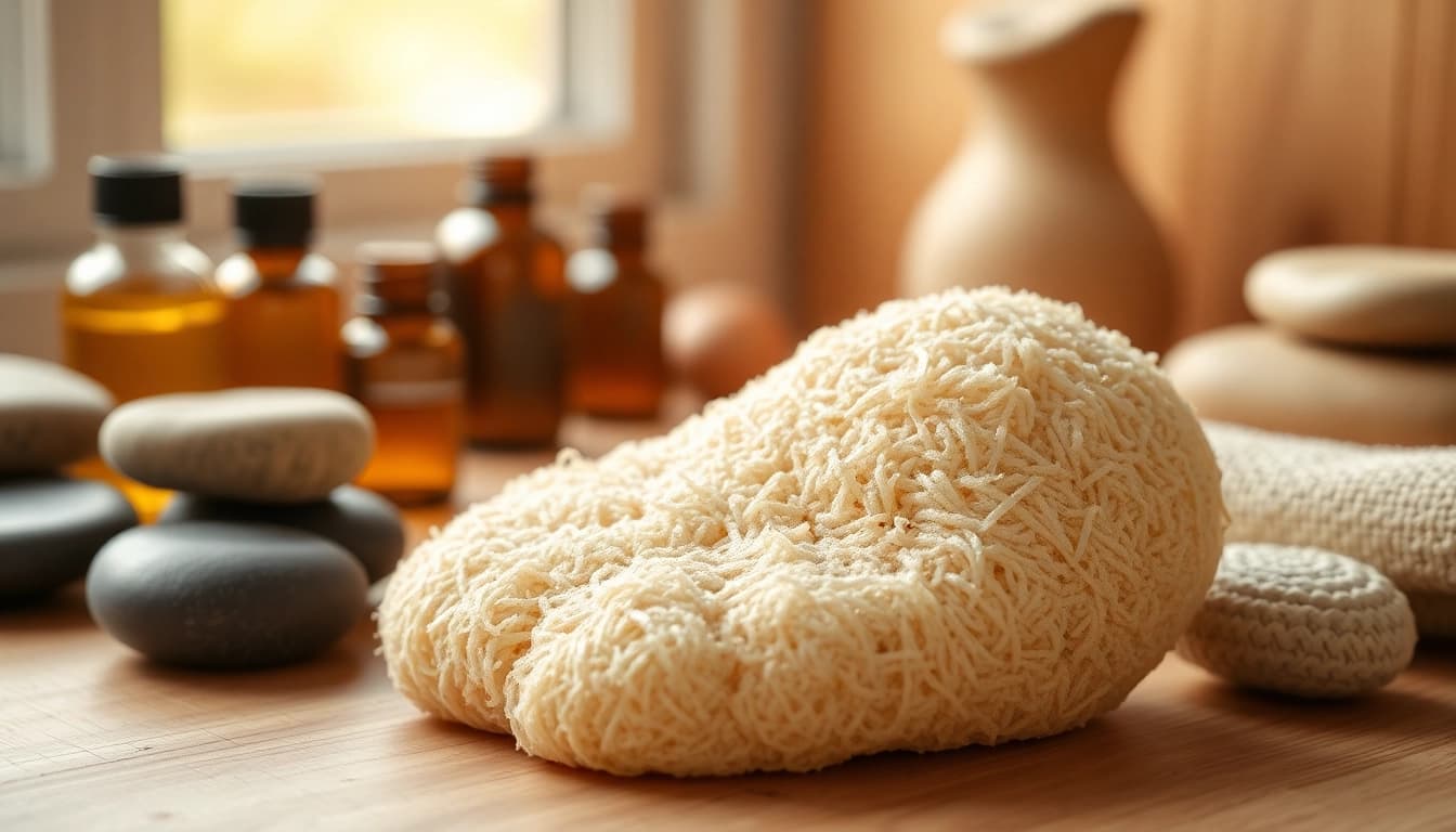 Using a raw loofah sponge alongside spa essentials to enhance relaxation and beauty.