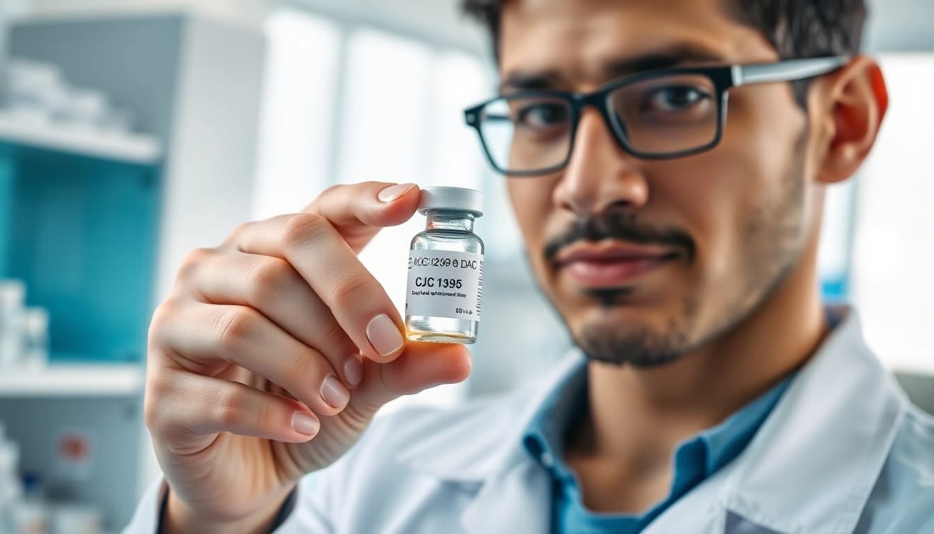 View of a professional analyzing a vial while looking to buy CJC 1295 with DAC for research purposes.