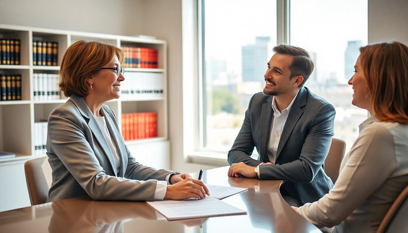 Discussing Family Law Financial Agreements with a professional lawyer in a modern office setting.