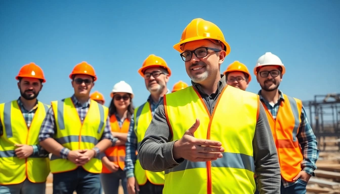 Construction safety training session with diverse workers demonstrating safety protocols.