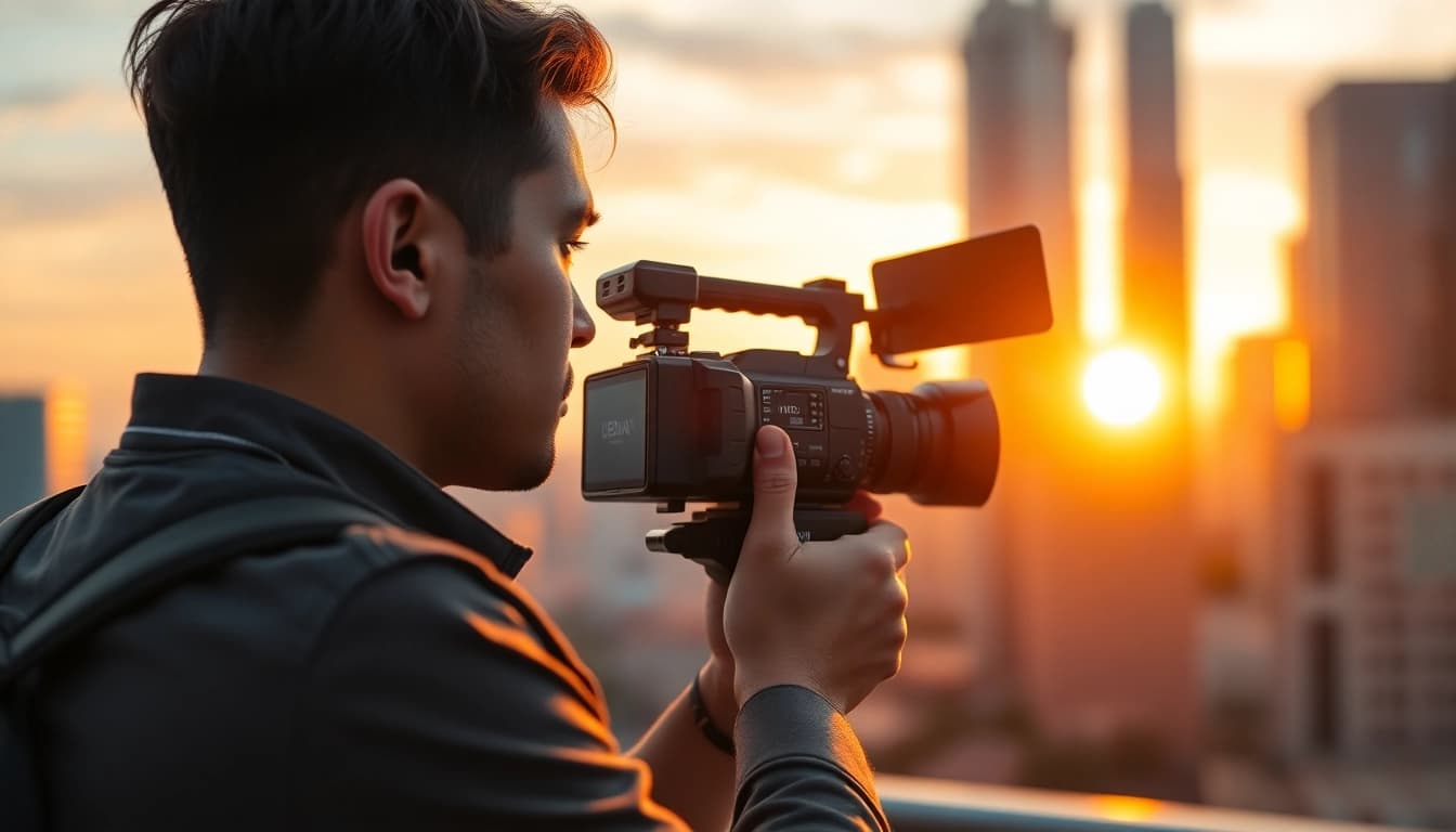 Videographer capturing a city landscape during sunset with a handheld camera.