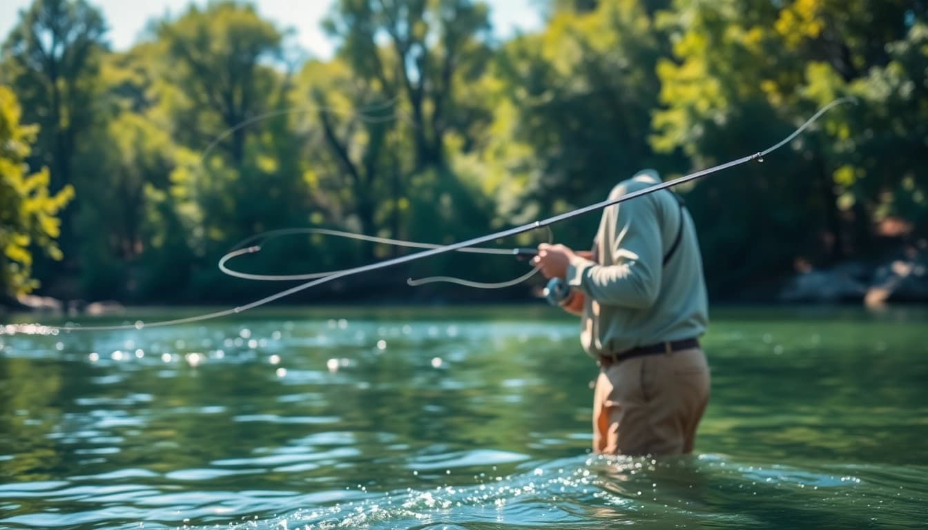 Professional angler skillfully casts a fly fishing line across a tranquil river landscape.