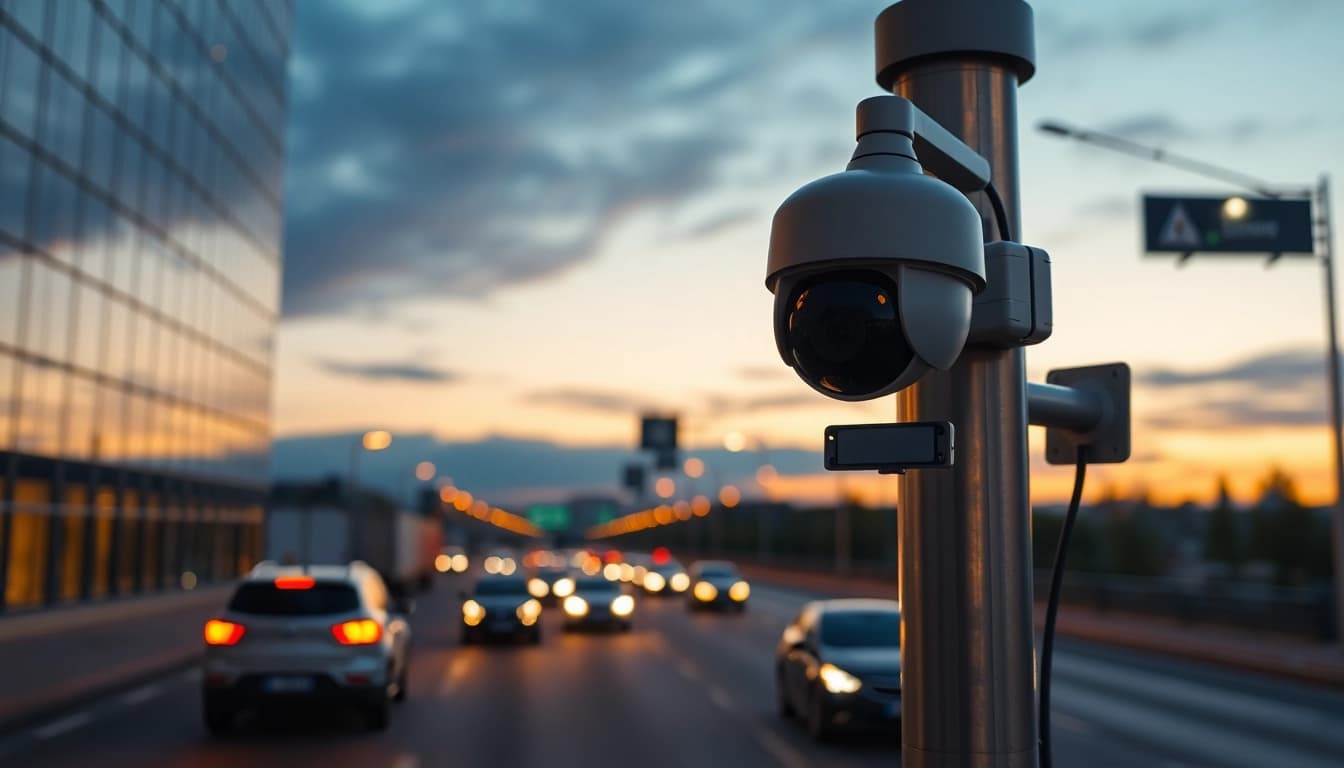 Showcasing a license plate recognition camera in an urban setting capturing vehicle details.