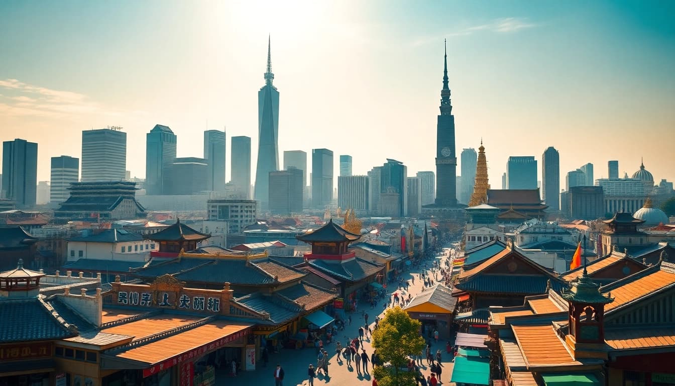 View of cities in Asia showcasing vibrant culture and modern architecture.