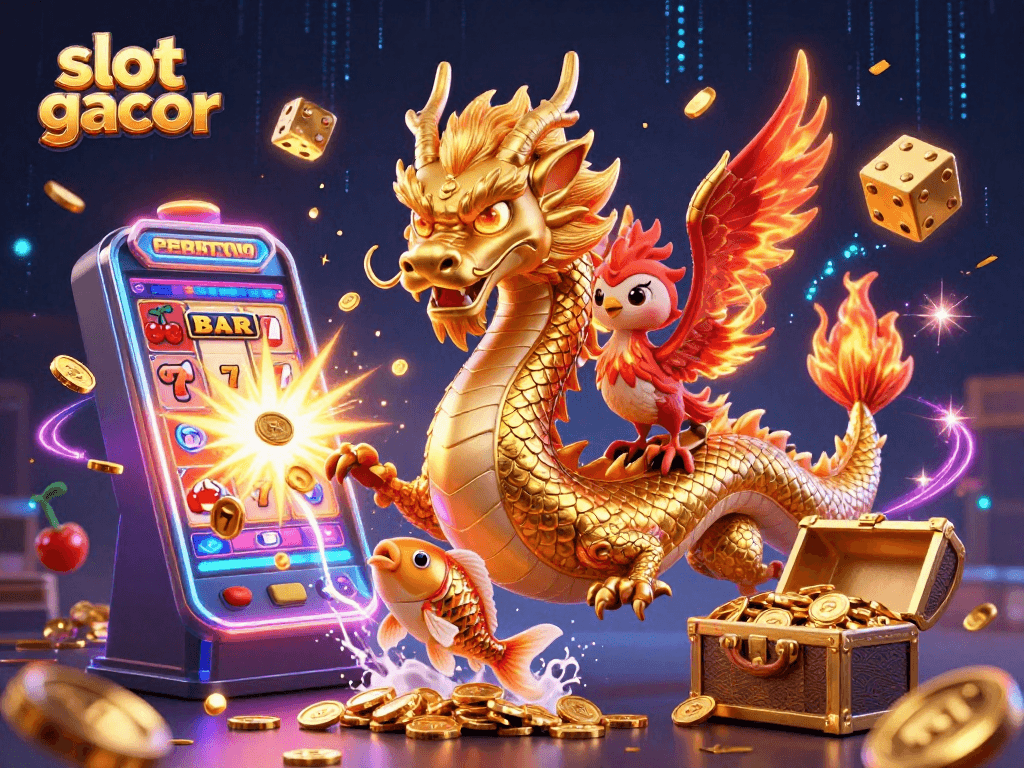 Spin to win with slot gacor featuring dynamic dragon, phoenix, and koi in a vibrant jackpot scene.
