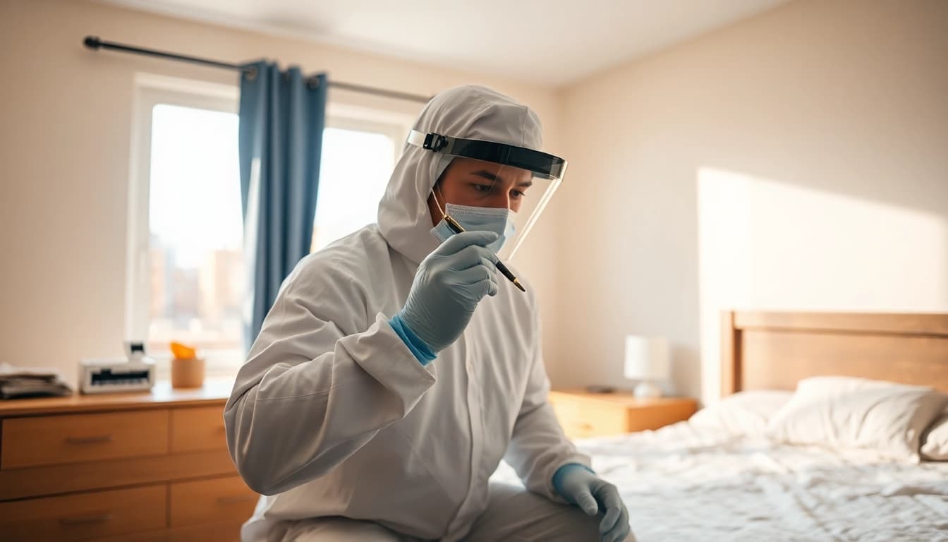 Effective bed bug removal technician applying treatment in a clean and organized bedroom.