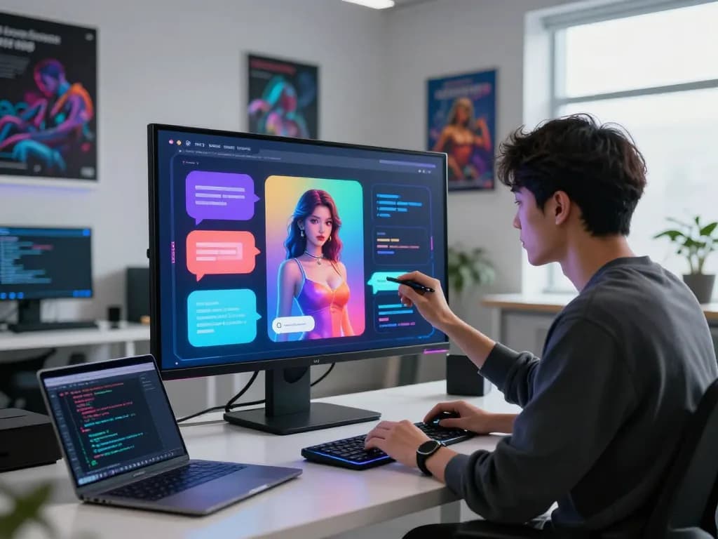 Creating an AI slut chatbot interface design in a high-tech studio setting, showcasing vibrant graphics and digital devices