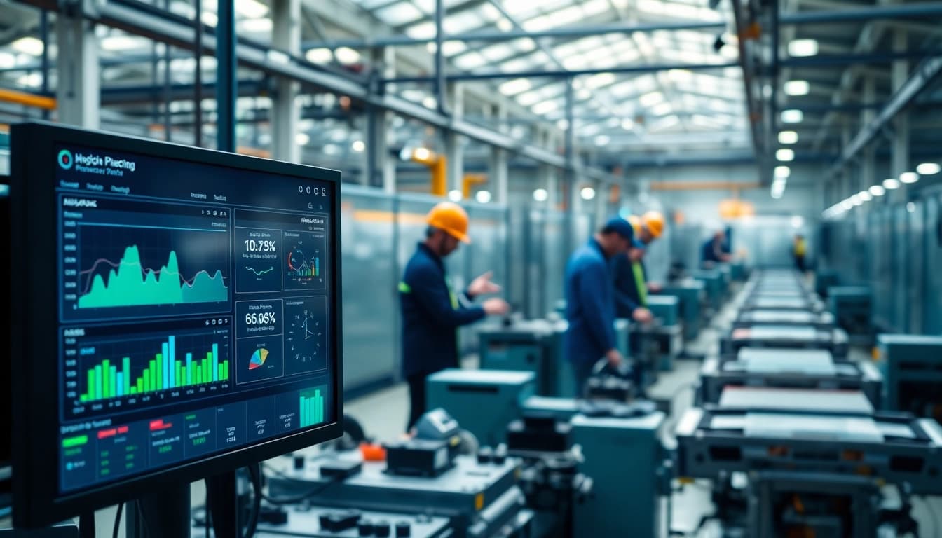 Dynamic production planning software for manufacturing displayed in a busy factory, emphasizing technology and efficiency.