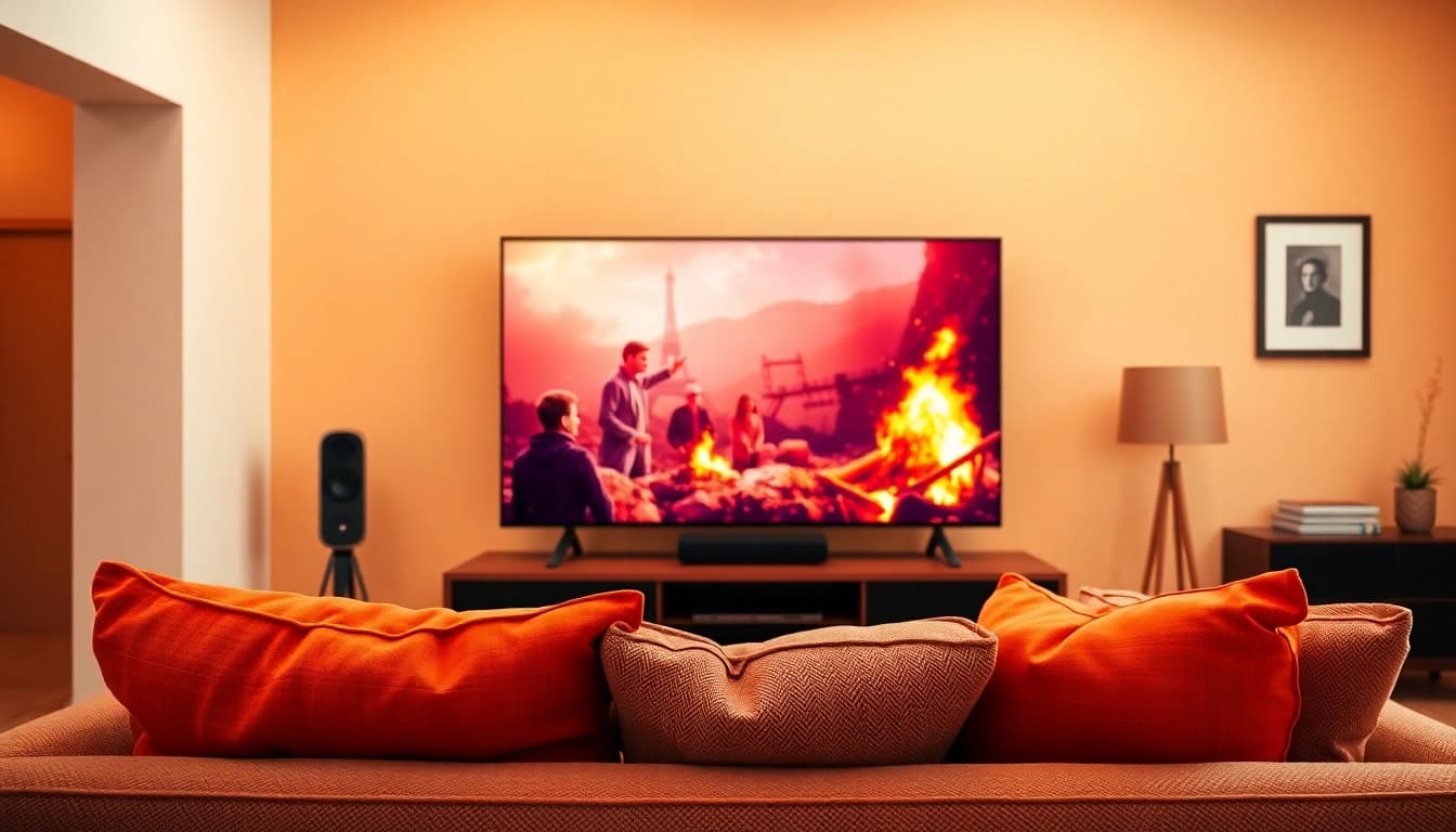 Watch TV series online free in a cozy living room with beautiful decor and a large TV.