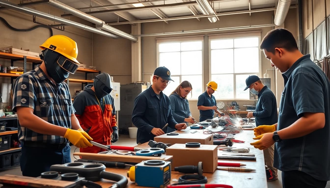 Students learning practical skills at hawaii trade schools in a bright workshop environment.
