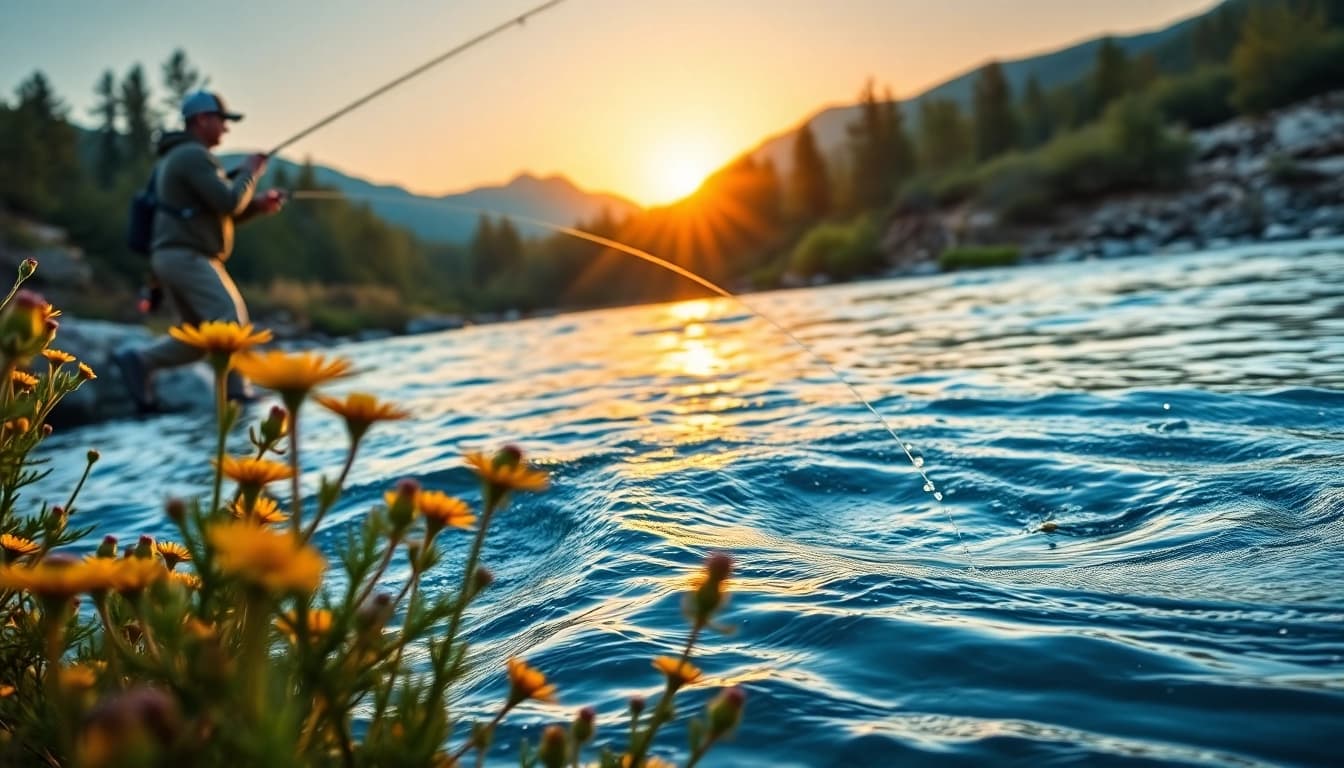 Join Fly fishing lessons near me as a skilled angler casts in a tranquil river setting.