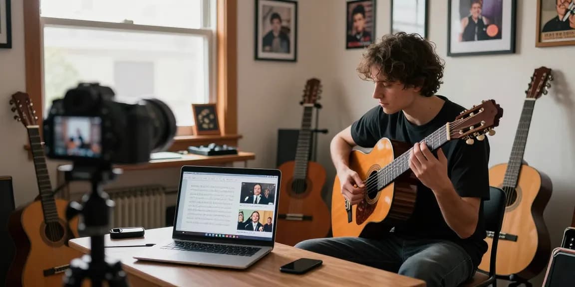 Private classical guitar lessons with a certified instructor in a cozy home studio setting.