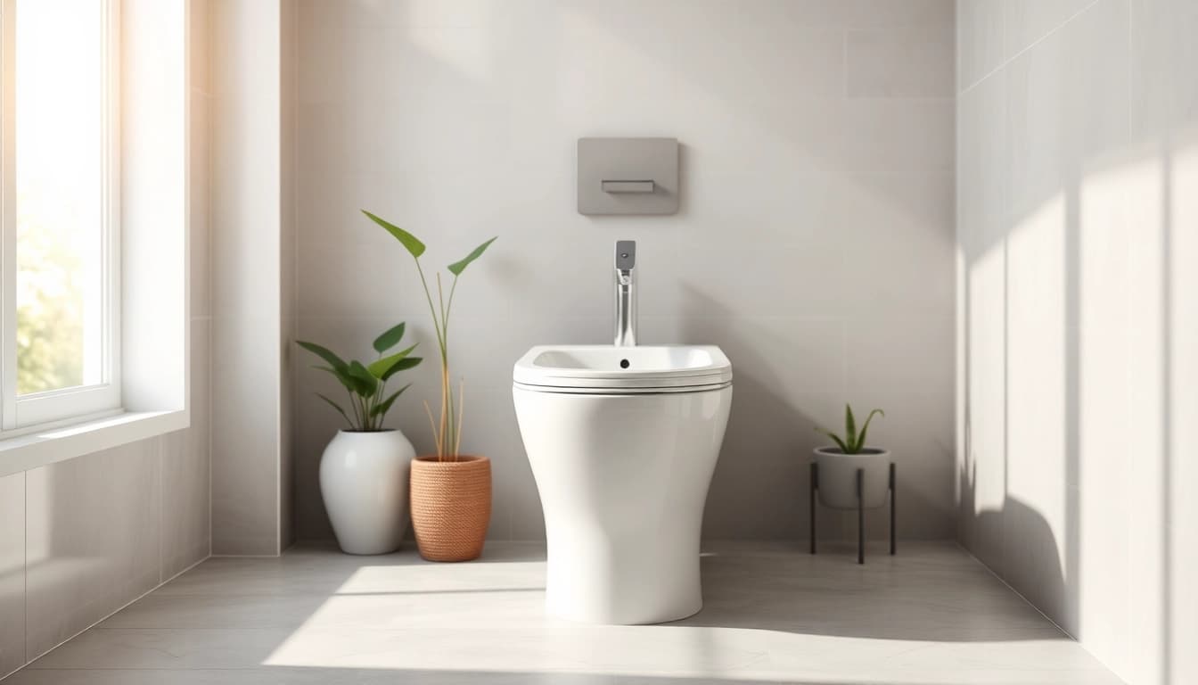 Bidet elegante in un bagno moderno con dettagli minimalisti e una finitura ceramica lucida.
