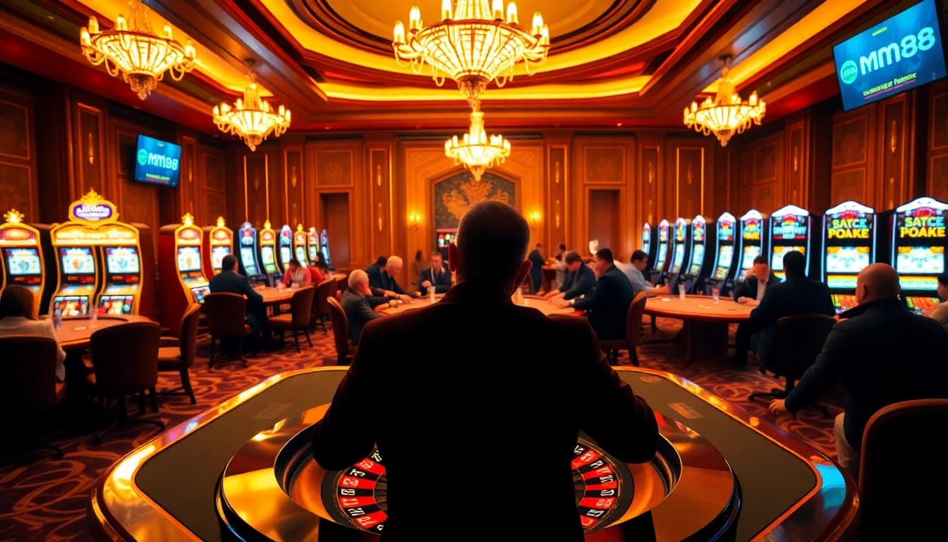 Players enjoy a thrilling game at MM88's luxurious casino with roulette and slot machines.