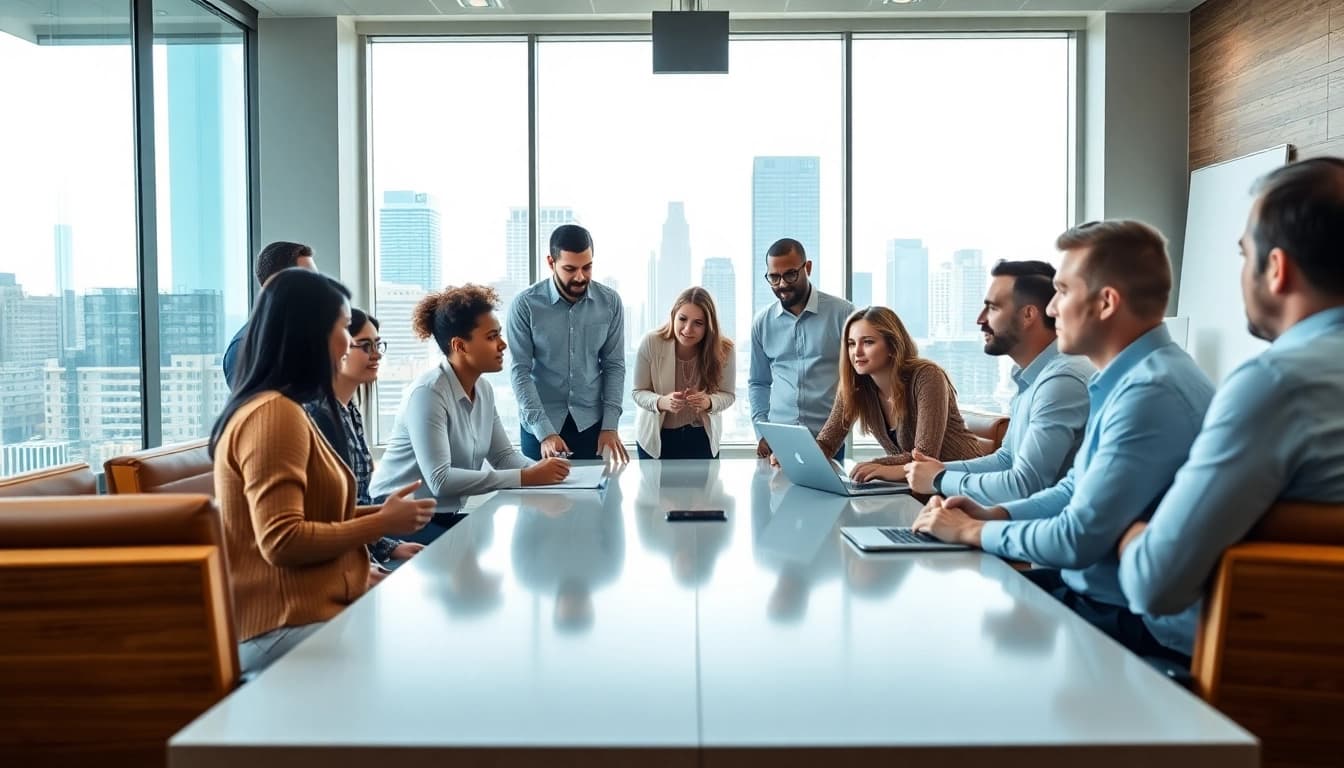 Engaged team discussing strategies in an extended warranty company setting.