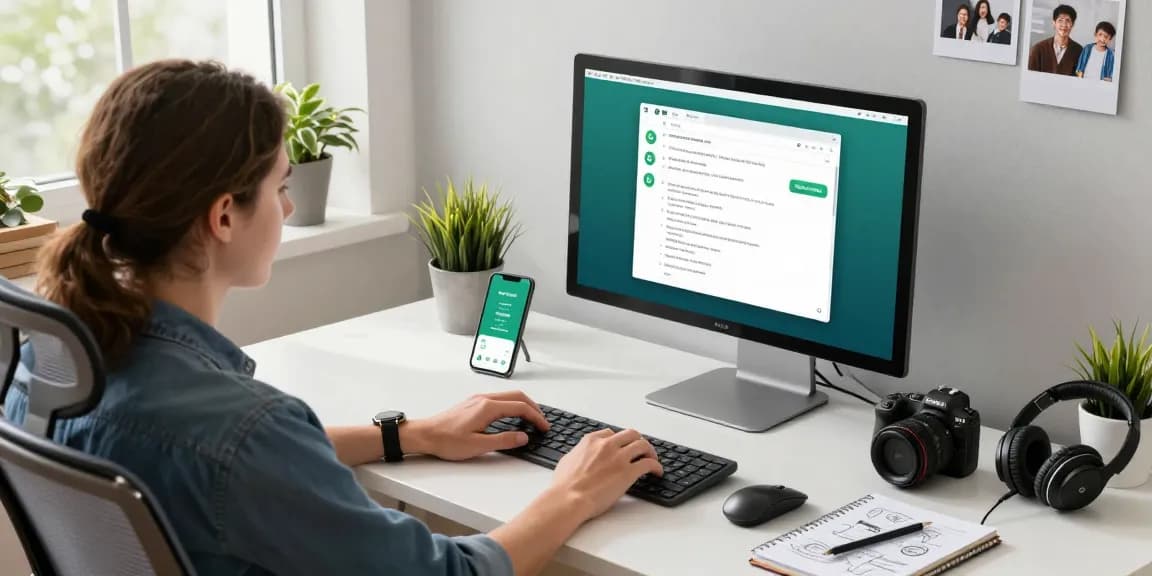 Person using WhatsApp電腦版 in a modern home office setting with tech gadgets.