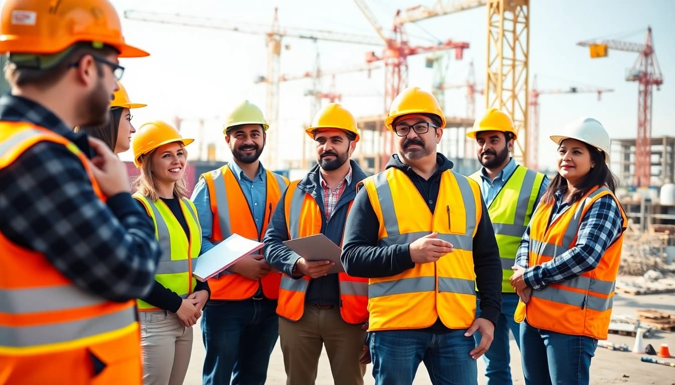 Engaged construction site safety training session demonstrating essential safety practices.