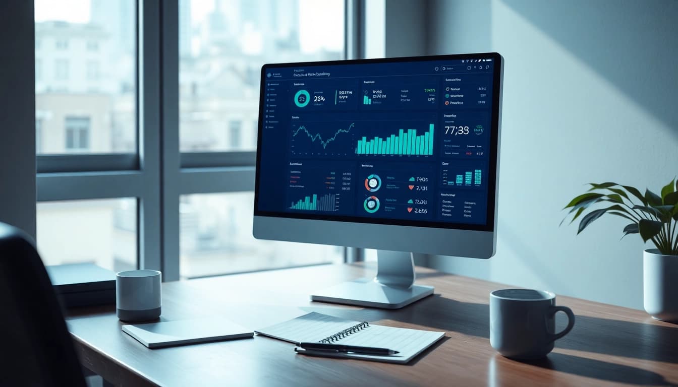 Web scrapping dashboard on a modern workspace computer screen displaying dynamic data visualizations.