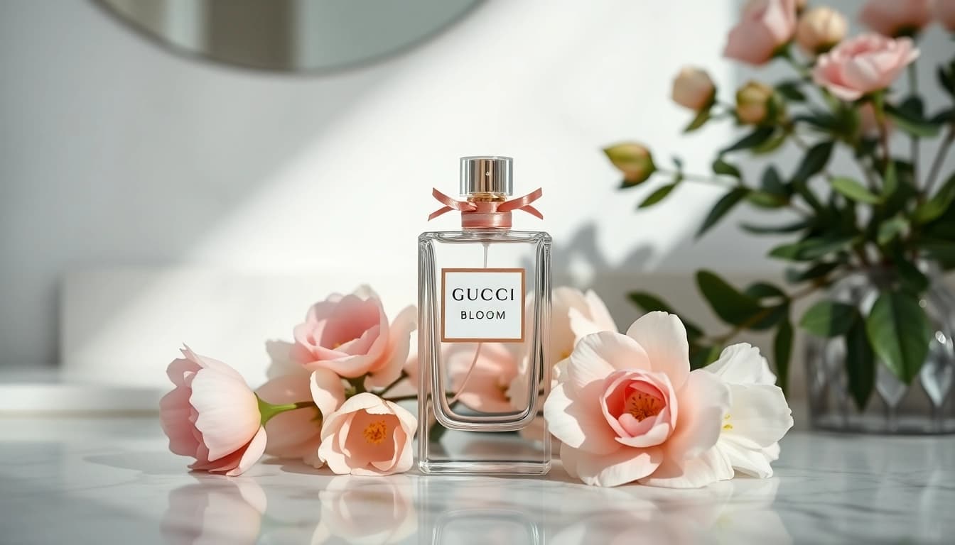 Captivating view of gucci bloom perfume bottle amidst fresh flowers.