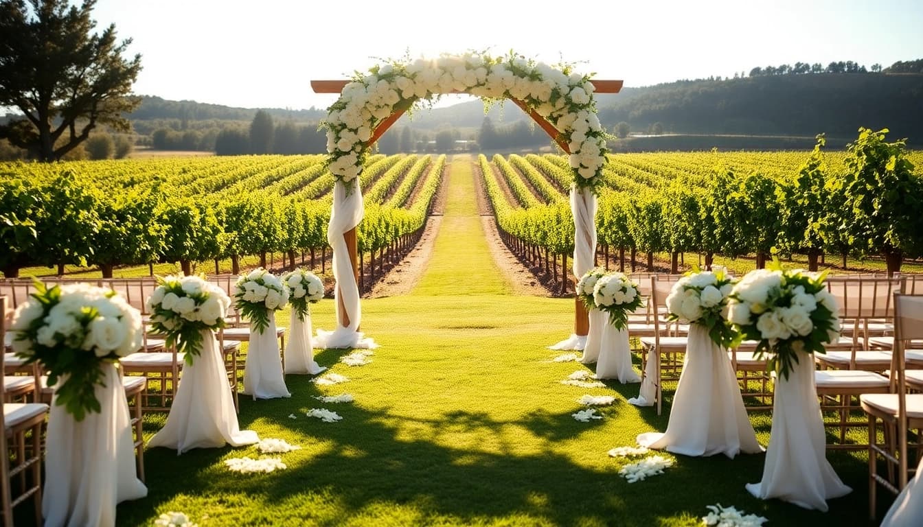 Stunning Clarksburg wedding setting with vineyard views and floral decorations.