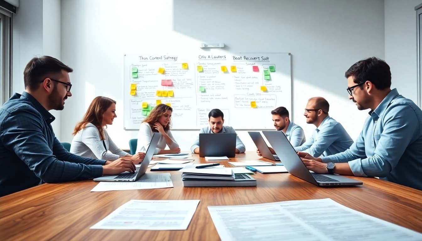 Enhance thin content recovery strategies with a collaborative team in a bright workspace.