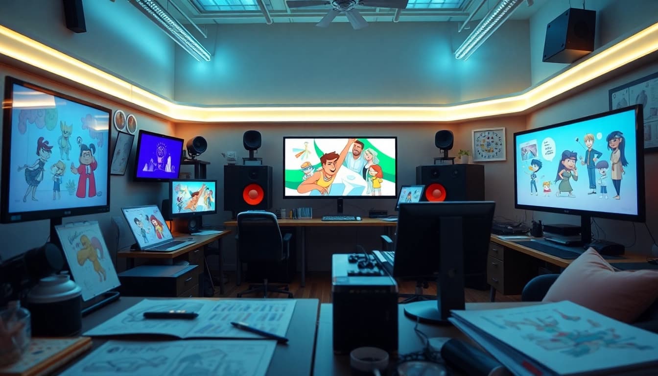 Animationsstudio mit kreativen Skizzen und digitalen Bildschirmen für lebendige Animationen.