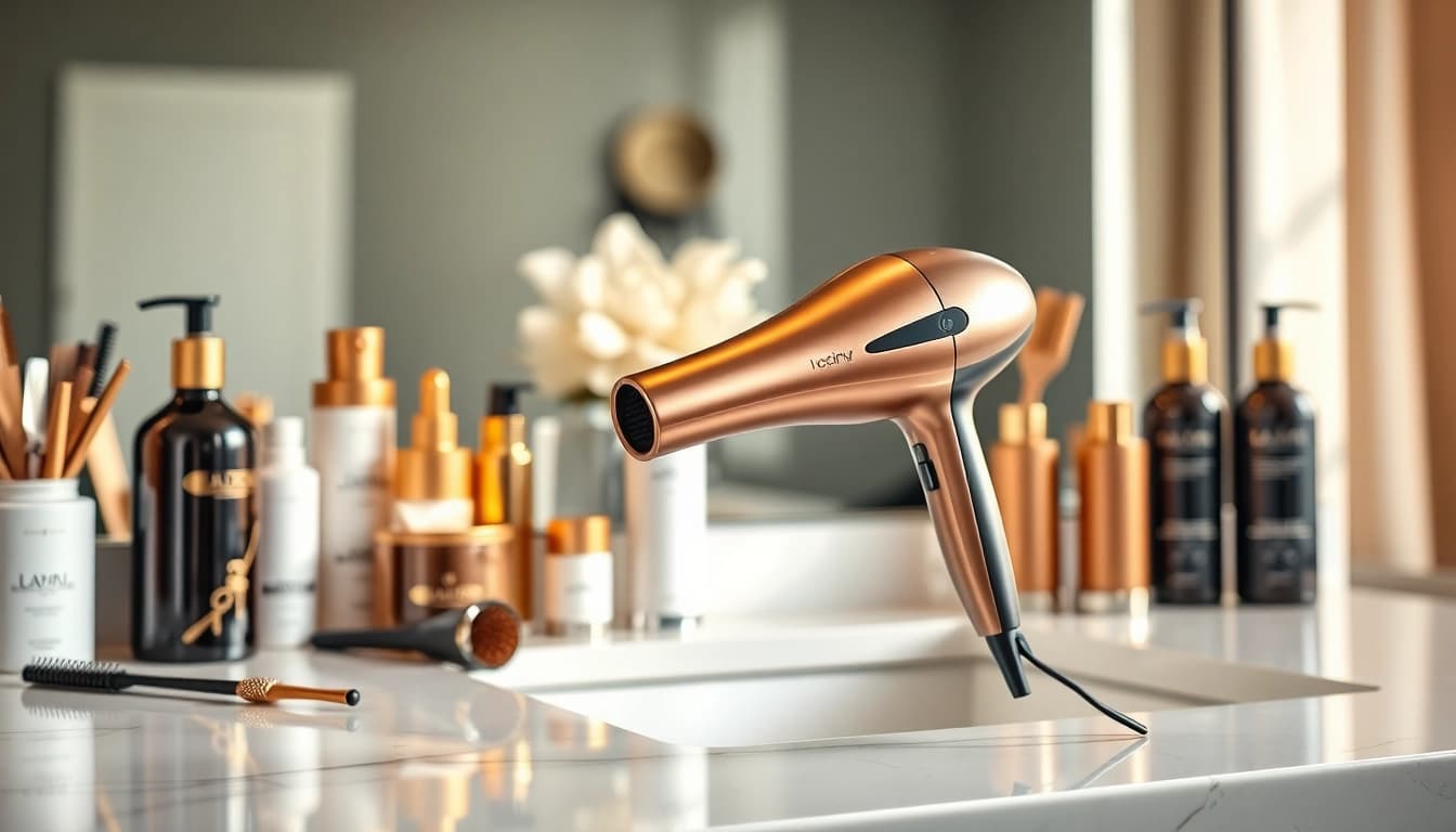 Stylish ionic blow dryer positioned on a modern vanity, highlighting its sleek design and functionality