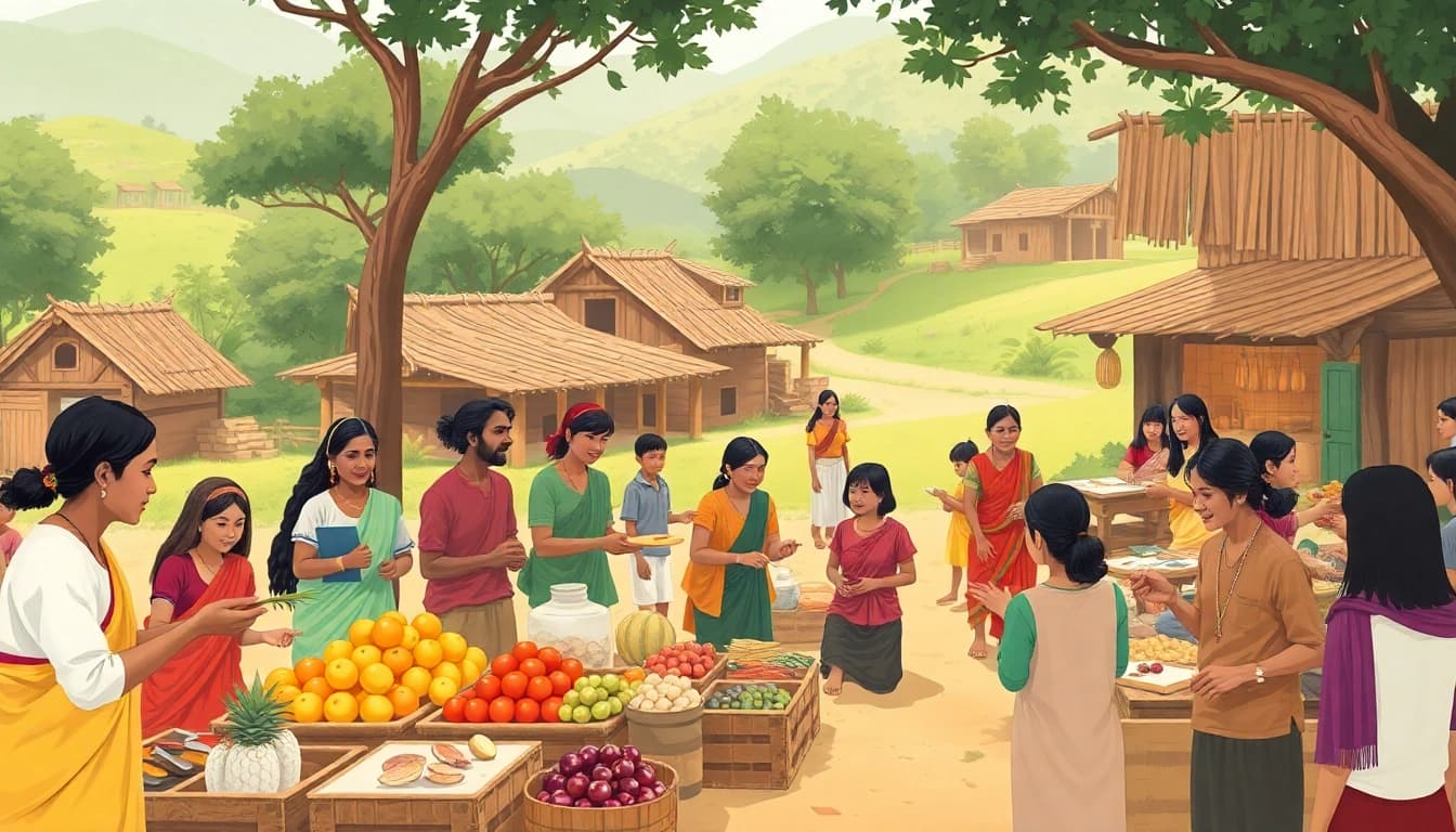 Understanding traditional economy simple definition through vibrant marketplace illustration.