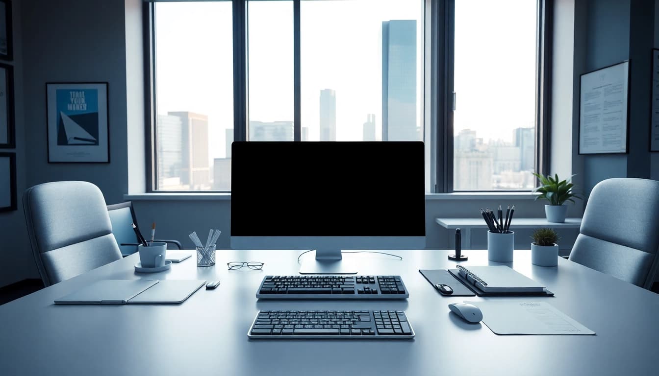 Typing center in a professional office space with modern equipment and city view.