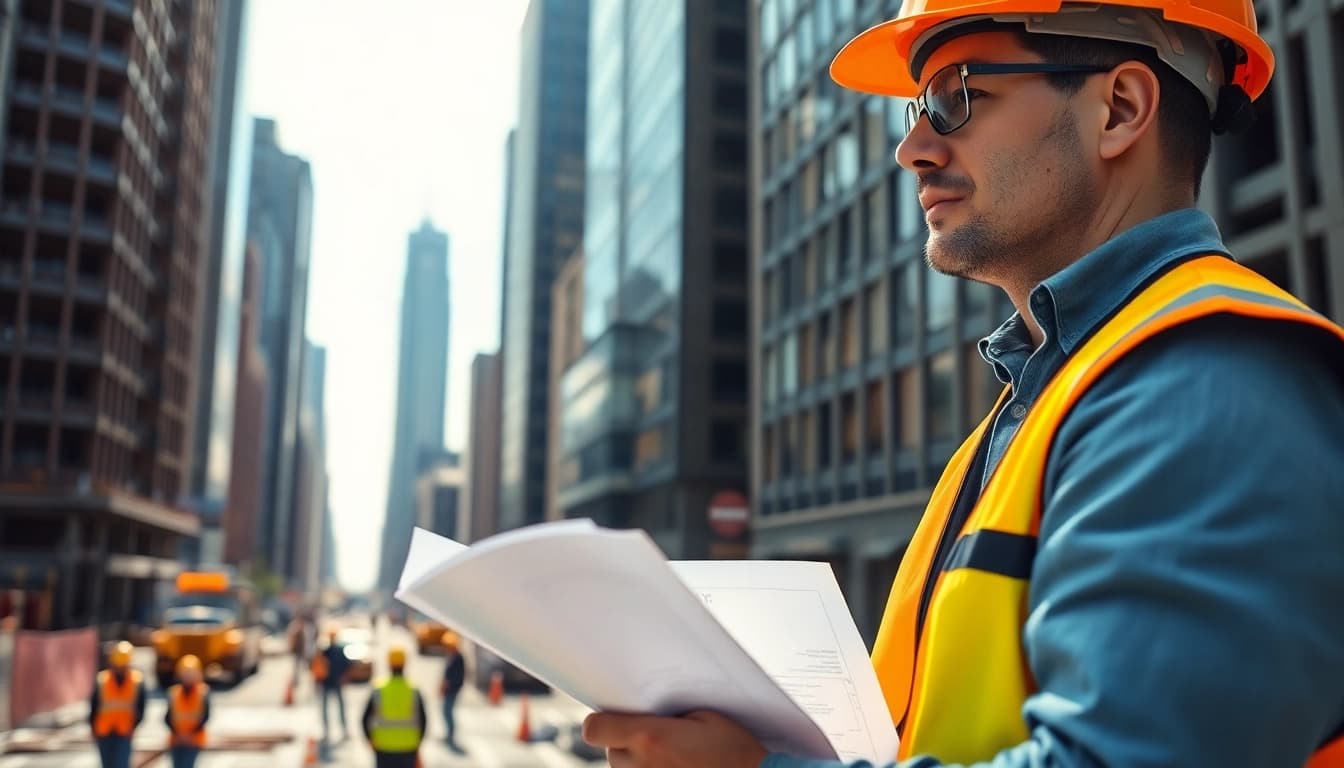 New York City Construction Manager supervising a dynamic building site with urban skyline.