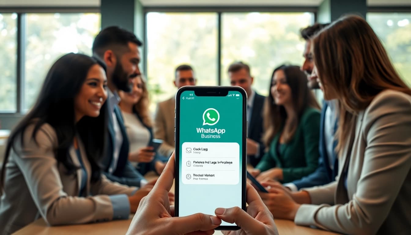 Showcasing a smartphone using the whatsapp business api in a professional business setting.