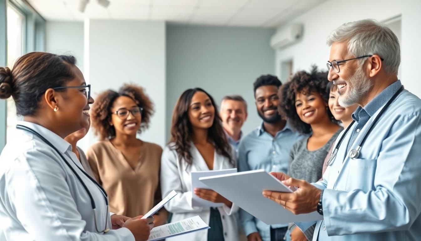Engaging doctor showcasing Health concepts in a welcoming clinic environment with diverse patients.