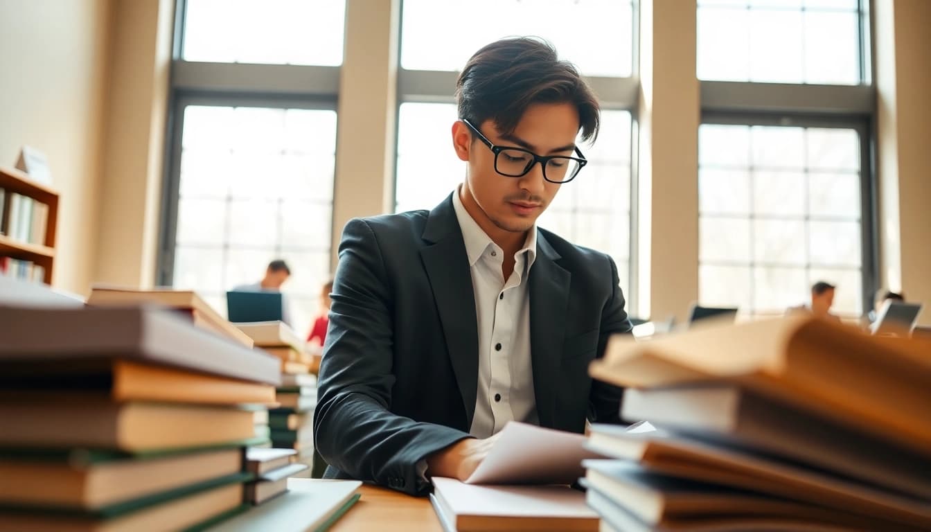 TOEFL test takers for hire studying in a bright, academic setting with open books.