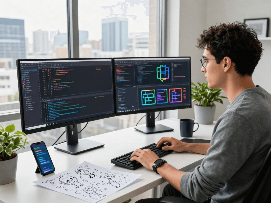 Innovative tech workspace featuring a developer focused on coding a sex bot, surrounded by notes and a city view.