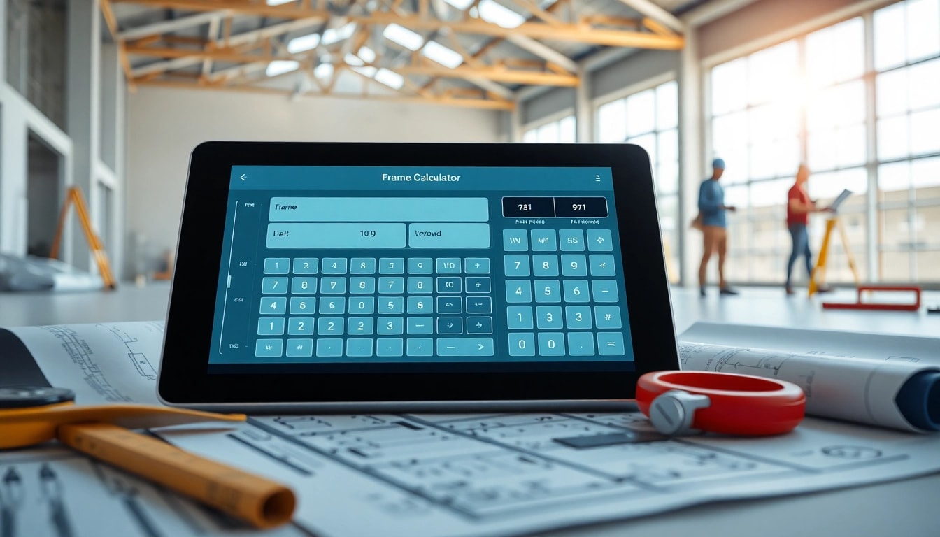 Frame calculator interface on a tablet amidst construction blueprints and measuring tools.