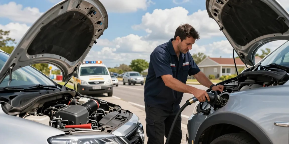 Technician addressing diesel in petrol car issue at roadside.