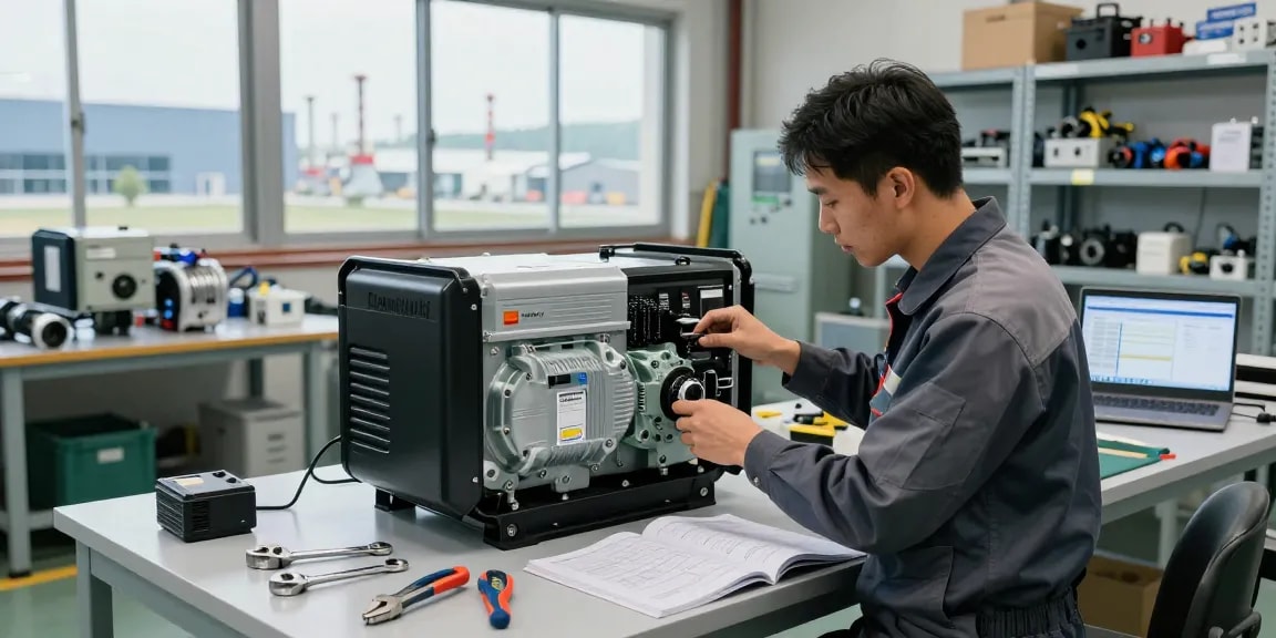 Technician assembling PowerLink diesel generator in modern workshop with tools and safety gear.