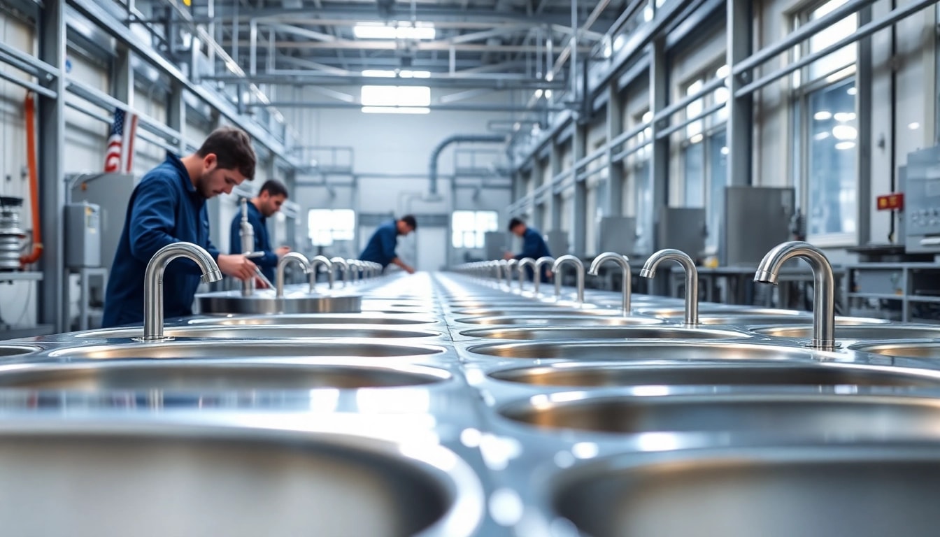 Workers at a stainless steel basin factory inspecting high-quality products with precision tools.
