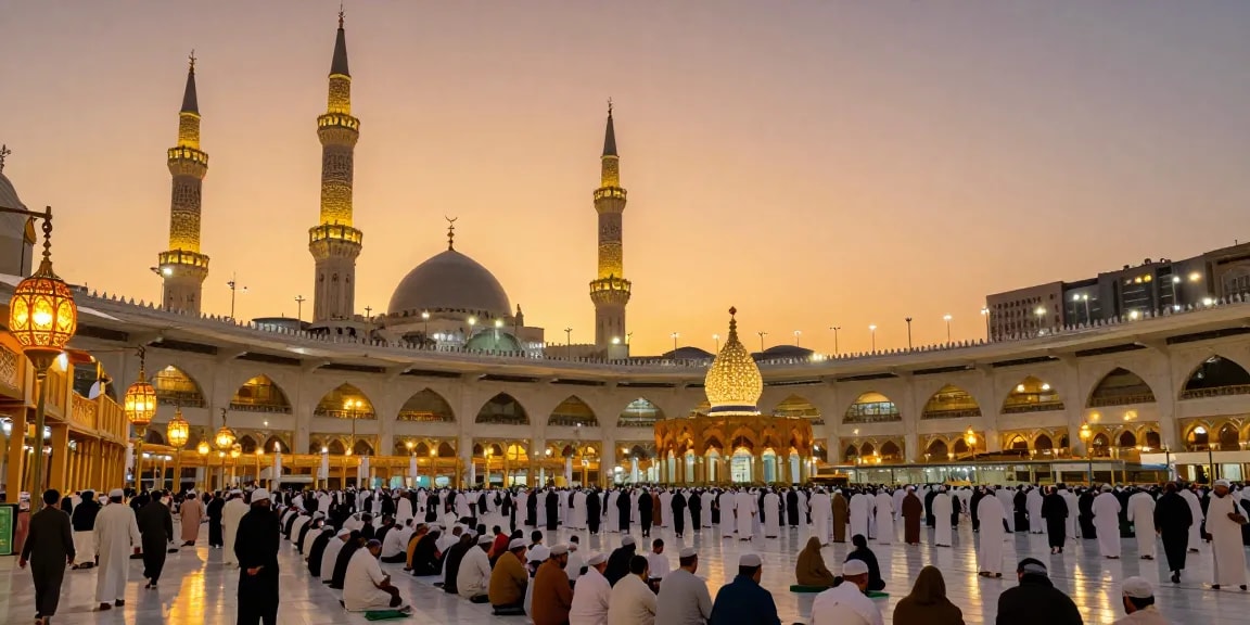 Umroh full ramadhan pilgrimage at the Grand Mosque in Makkah during sunset, capturing the essence of spirituality in travel.