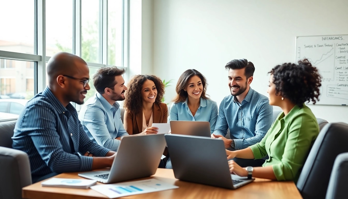 Engaged team discussing workforce development strategies in a modern office.