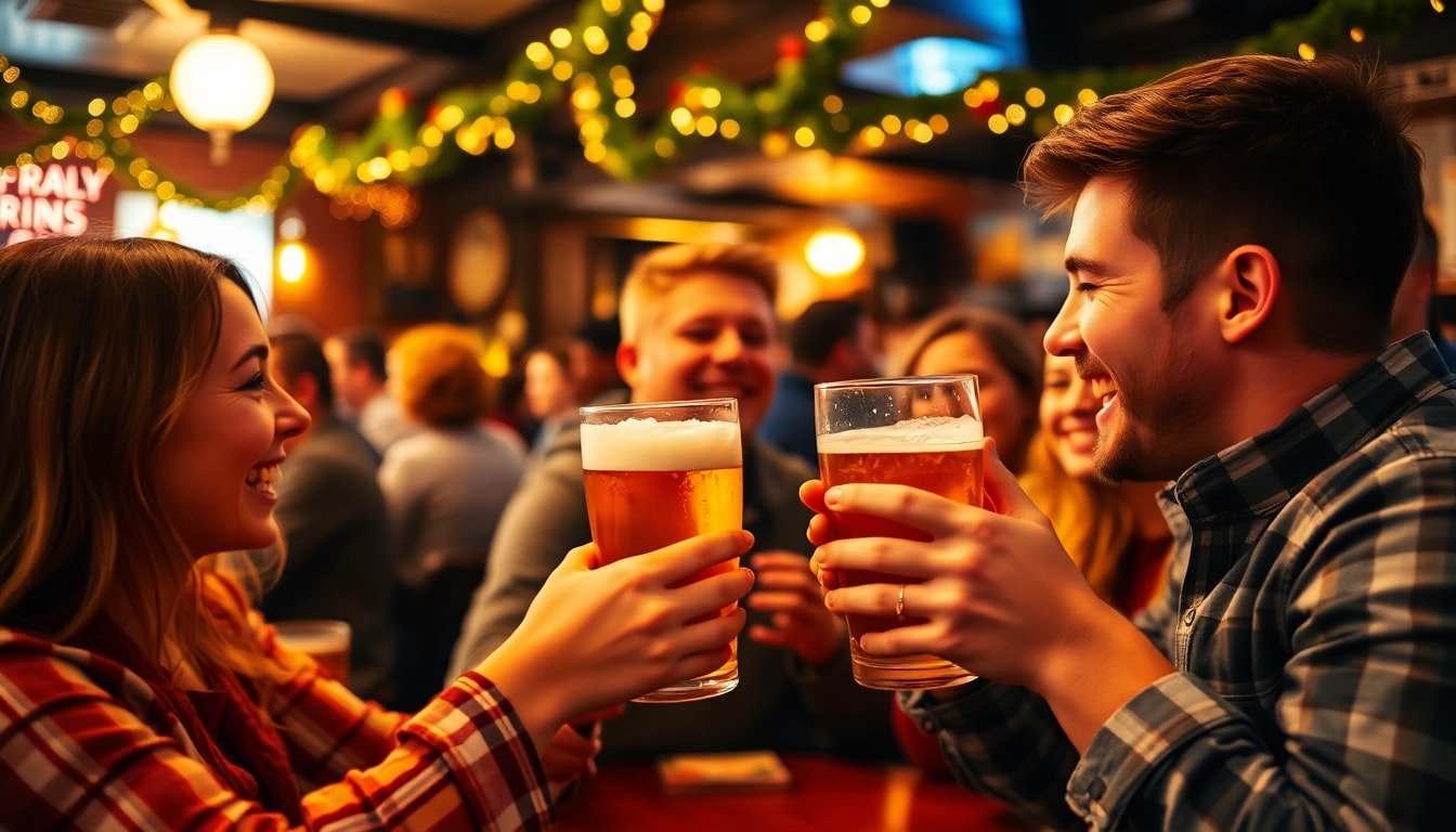 Friends celebrating at a bar illustrating why do we say on the lash with laughter and drinks.