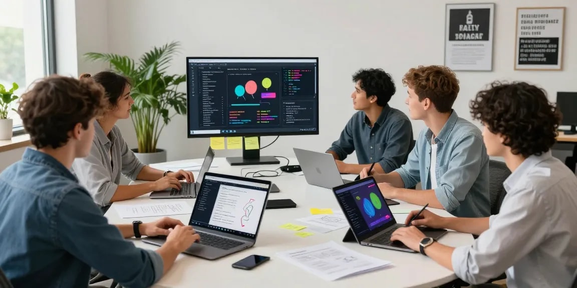 Developers at work in a collaborative environment discussing features on telegram官网, showcasing teamwork and innovation.