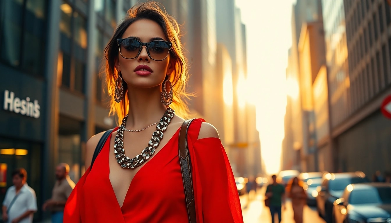 Fashion model confidently displaying a vibrant stylish outfit in an urban street setting.