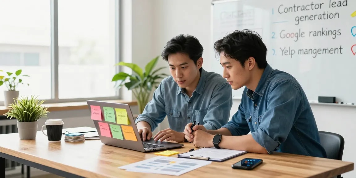 Team brainstorming contractor lead generation strategies in a bright office.