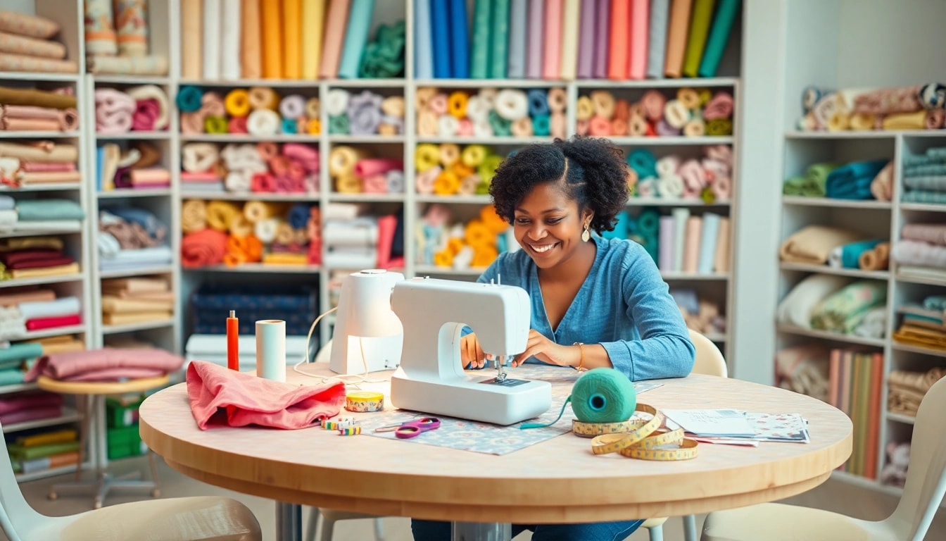 Stoffen voor naaien beginners in een kleurrijke naaiwerkplaats met vrolijke sfeer.