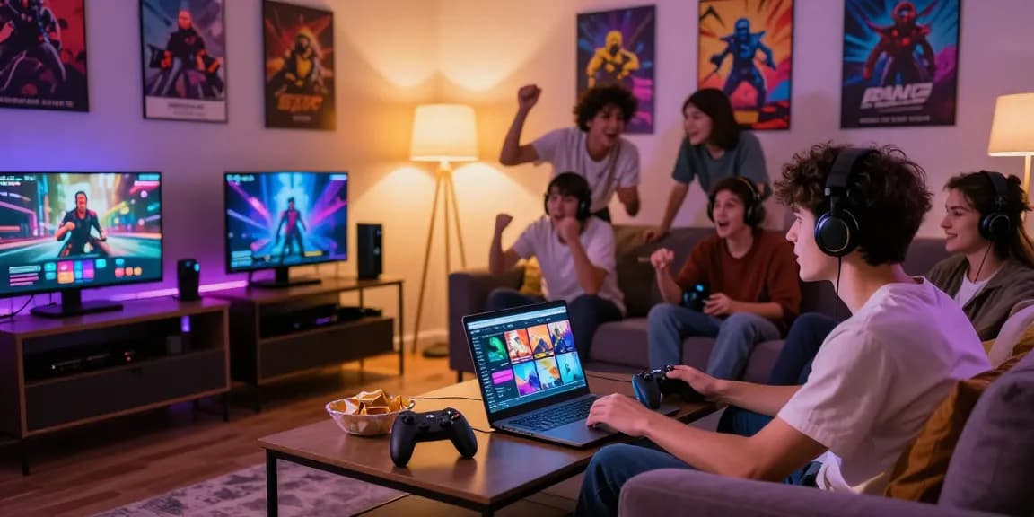 Engaged player enjoying porngame in a cozy living room setting with gaming elements.