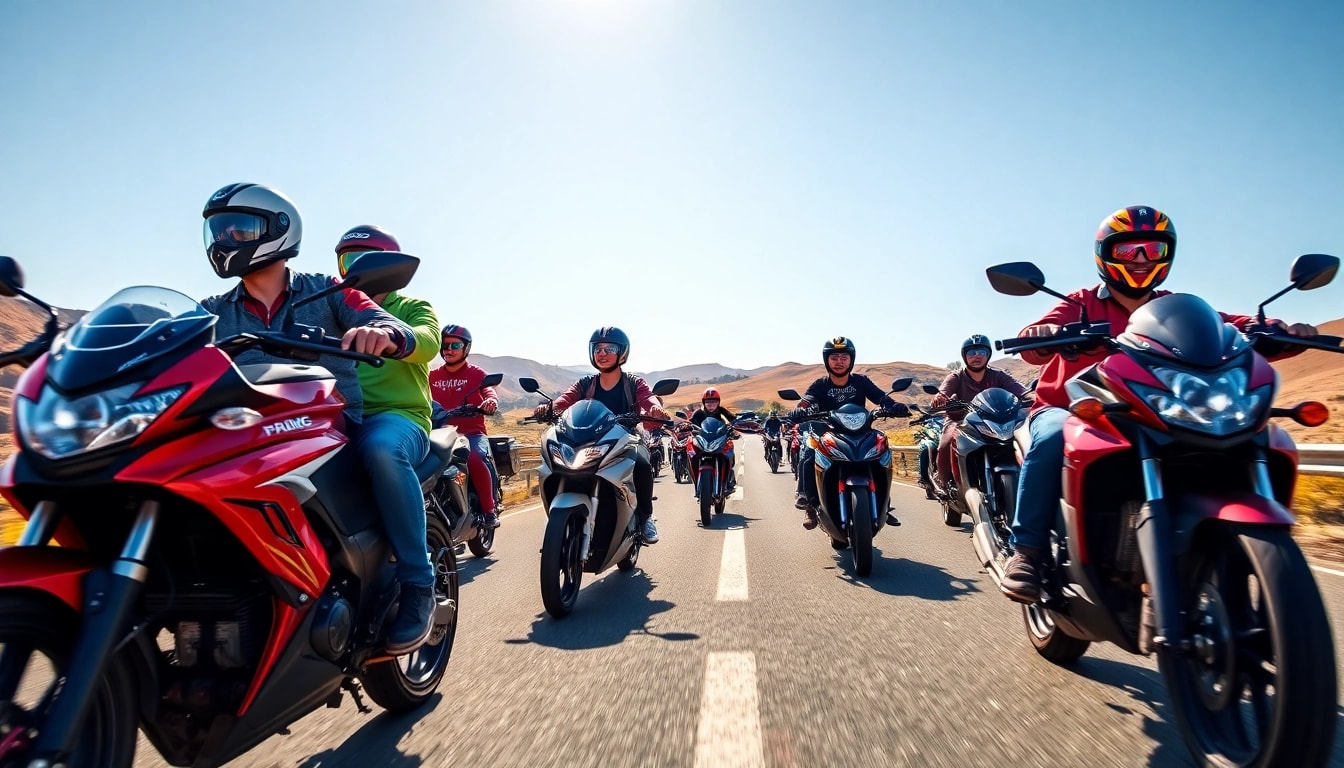 Explore stylish 125cc and 250cc beginner motorcycles on an adventurous highway with diverse riders.