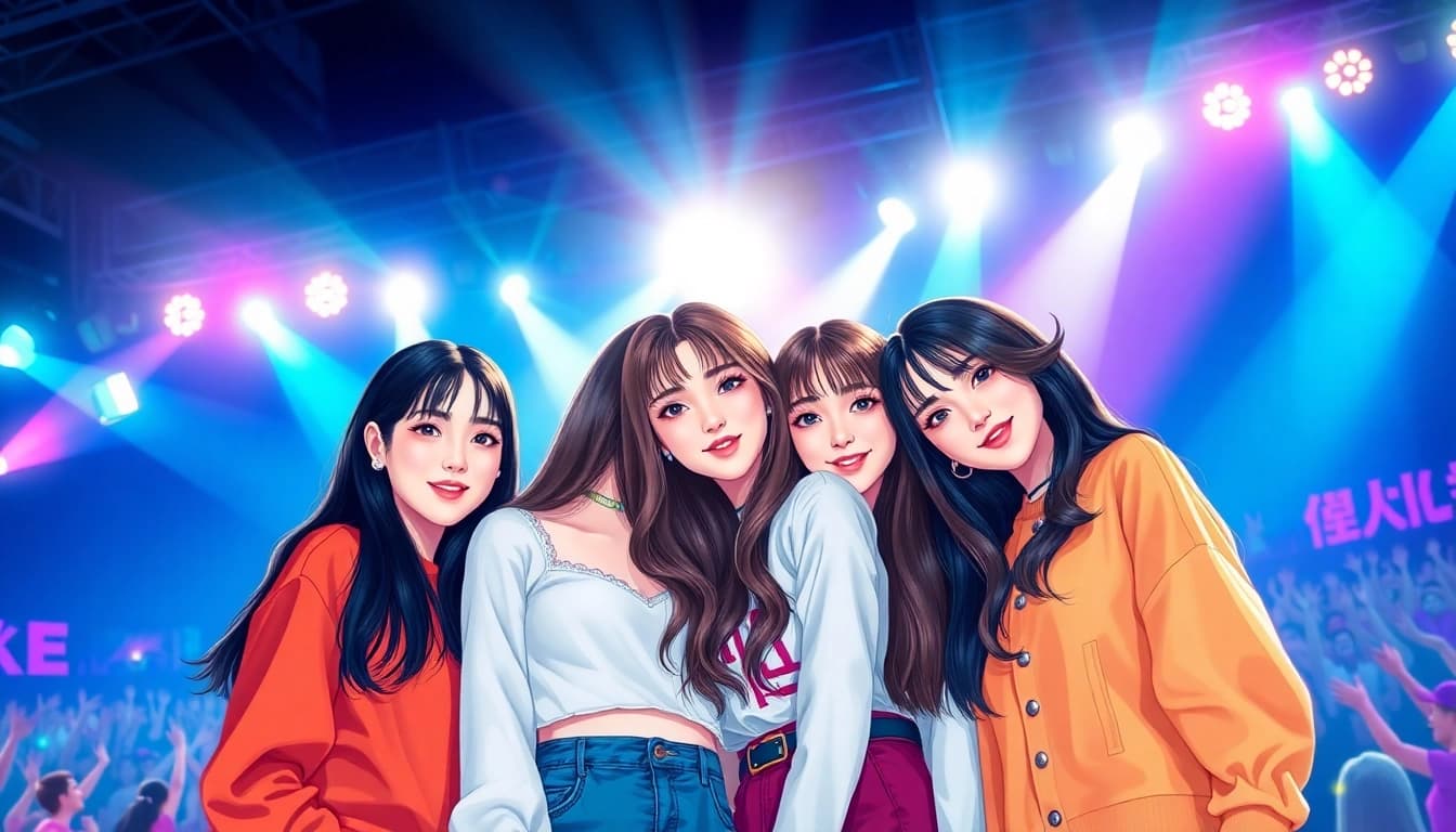 Capture the Blackpink members in a dynamic concert setting, showcasing their energy and style.